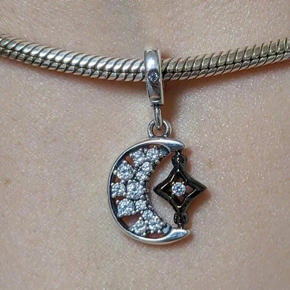 Pandora Sparkling Crescent Moon & Spinnable Star Dangle Charm - Picture 2 of 4